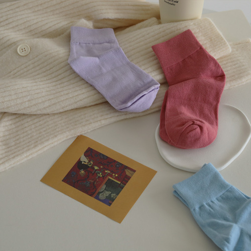 Socks Lady Knee-high Socks Spring and Summer High Cotton Content Mid-calf Socks Cute Japanese Macaron Plain Color Low-top Socks