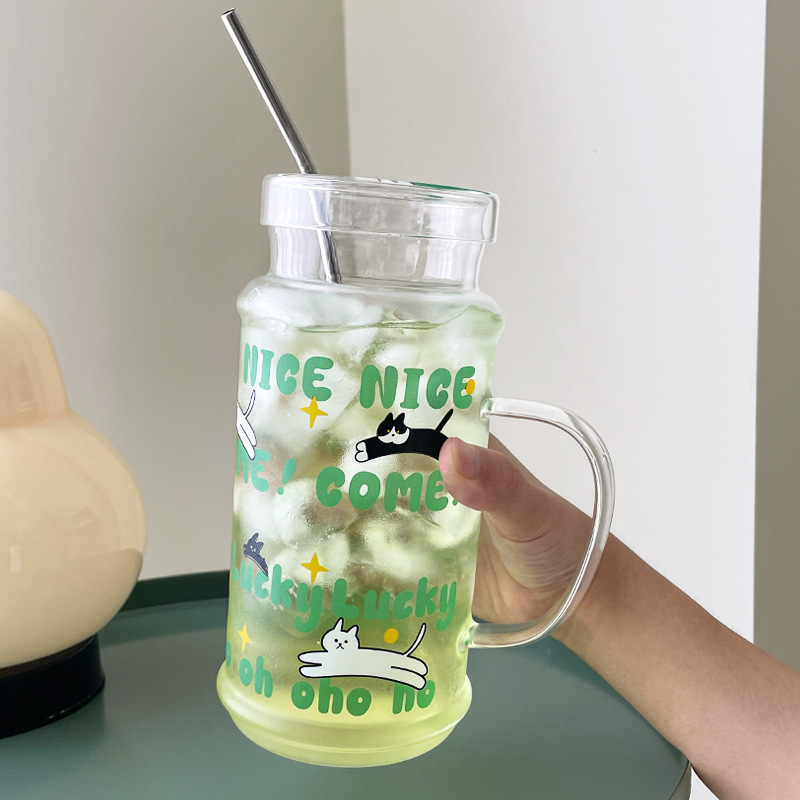 1100ml玻璃杯大容量一人饮水壶卡通高颜值水杯带盖带吸管家用杯子