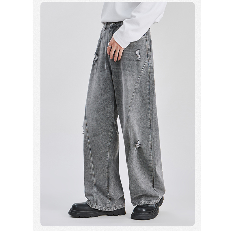 Men's High Street Jeans Trendy Sophisticated Loose Straight Leg Washed Distressed Ripped Long Pants Midweight Cotton_mkmklike.com