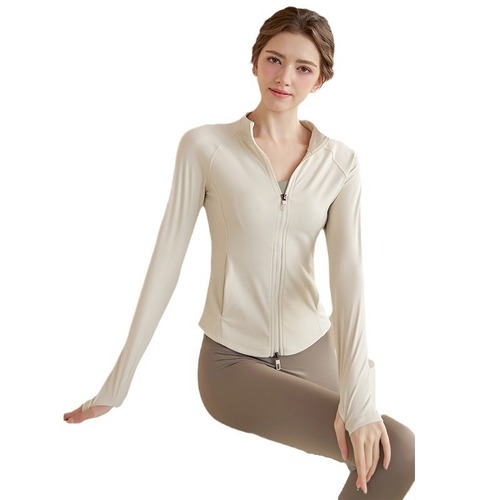 Double zipper stand collar yoga clothing jacket women's long-sleeved sports top slim fit running and cycling autumn and winter fitness clothing