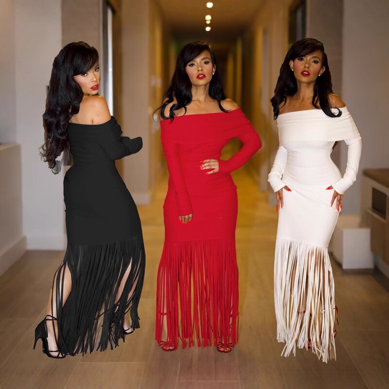 3065 European and American Style Sexy Off-Shoulder Elegant Slim Fit Tassel Bodycon Long Sleeve Strapless Evening Dress 3065 European and American Style Sexy Off-Shoulder Elegant Slim Fit Tassel Bodycon Long Sleeve Strapless Evening Dress