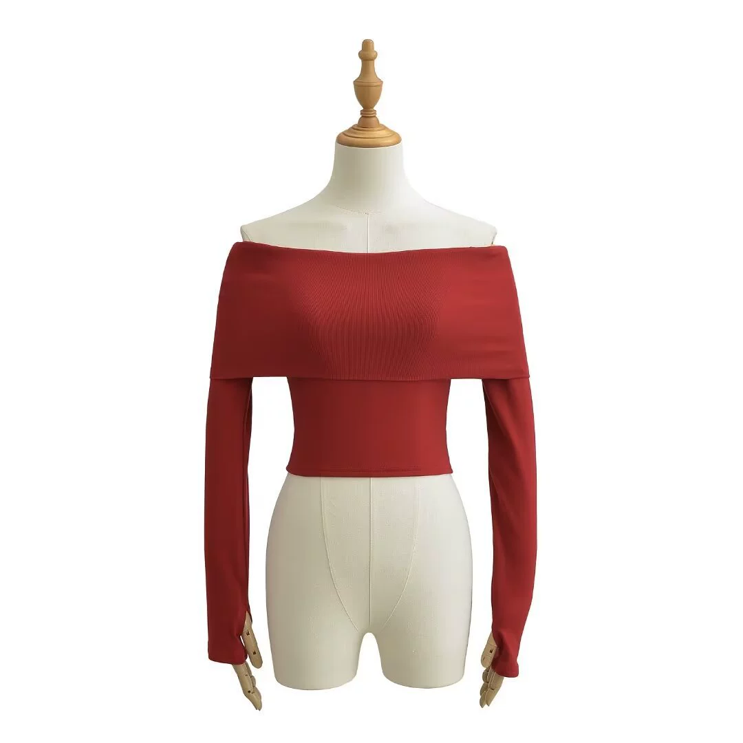 Футболка с открытыми плечами и длинными рукавами, европейский стиль, slim fit