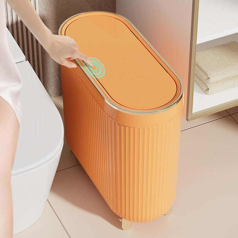 R7B Bathroom Trash Can for Home Use, Light Luxury Press-Type with Lid, Large Capacity for Narrow Gaps in Toilets