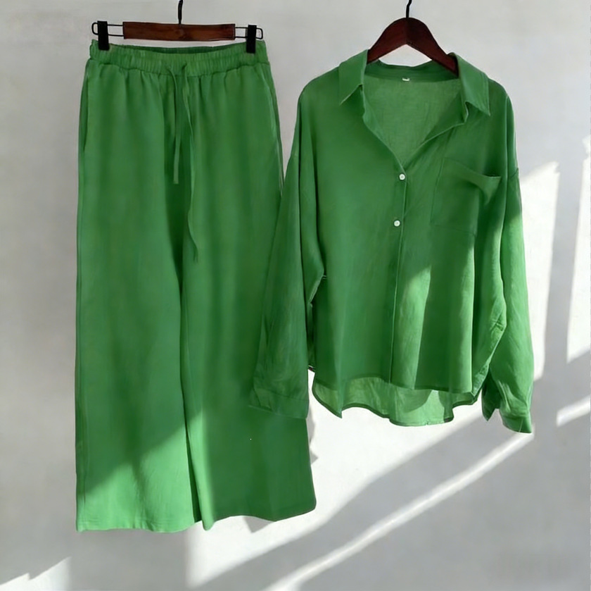Women's Clothing Women's Retro Plus Size Cotton Linen Shirt Set High Waisted Loose Fitting Trousers Two Piece Set 20 Colors_ecoleips.com
