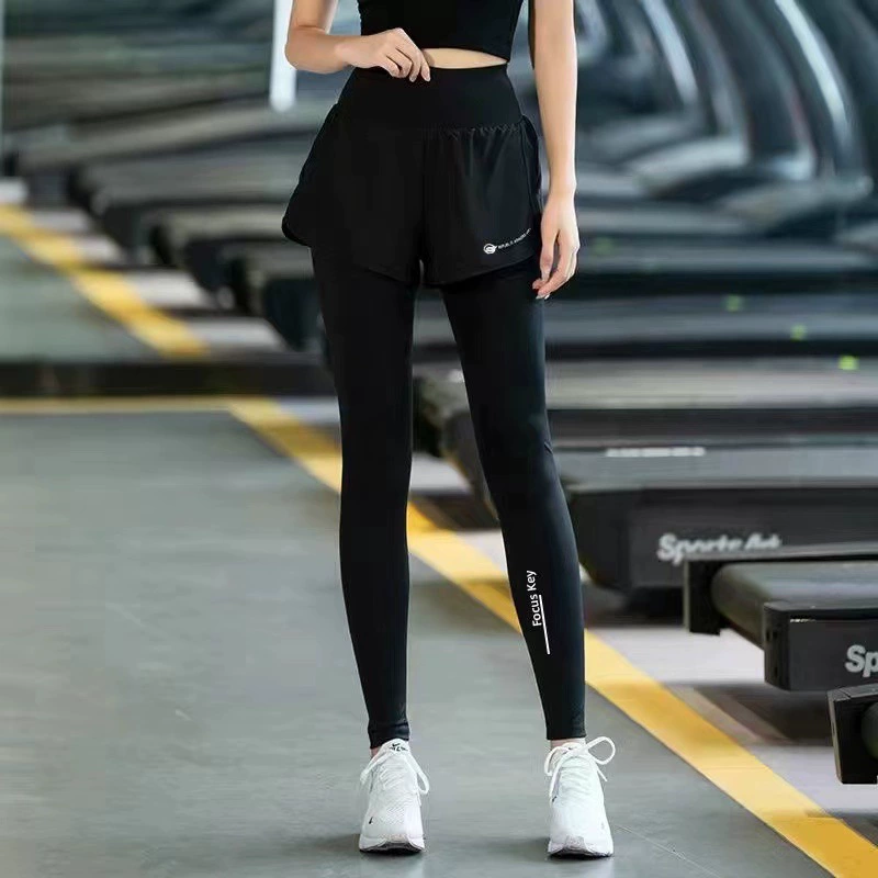 (Задние двойные карманы) Спортивные брюки с высокой талией, женские высокие эластичные марафон, поддельные две штаны для йоги