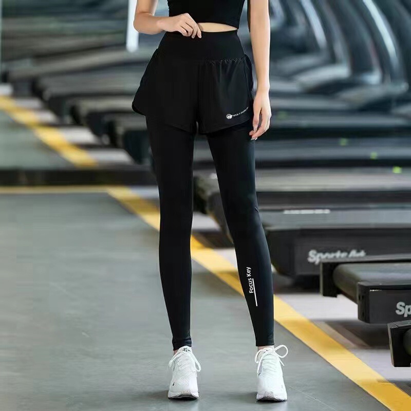 (Rear Double Pockets) High Waist Tight Sports Pants Women's High Stretch Running Marathon Fake Two-Piece Yoga Pants