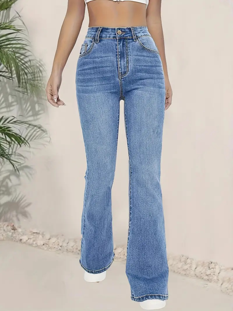 Jeans Acampanados de Tiro Alto para Mujer de Mezclilla de Algodón y Poliéster, Elásticos, para Uso Casual