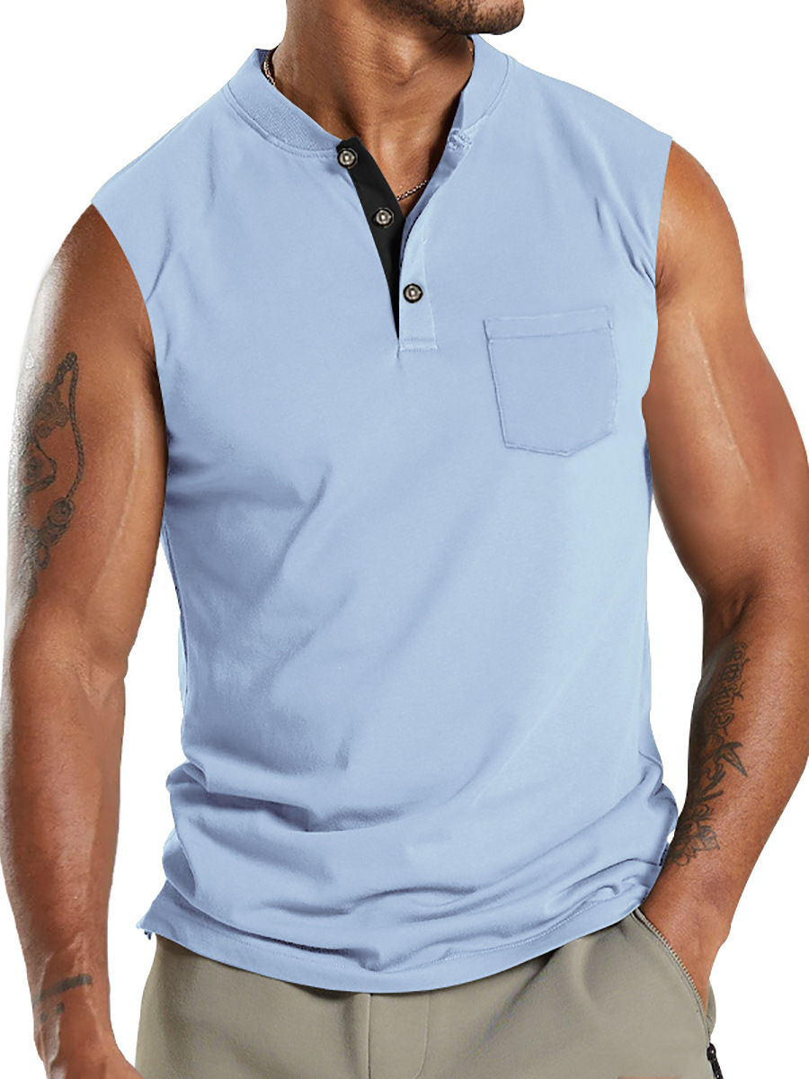 2024 Summer New Kam Shoulder Large Men's Short Sleeve Button Pocket Sleeveless T-shirt_voghion.com