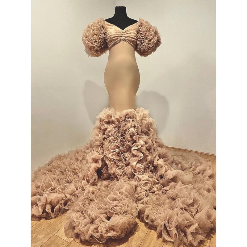 Photo Dress Pregnant Women's Big Belly Photo Split High Elastic Three-point Sleeve Slim Soft Net Photo Evening Dress Fishtail