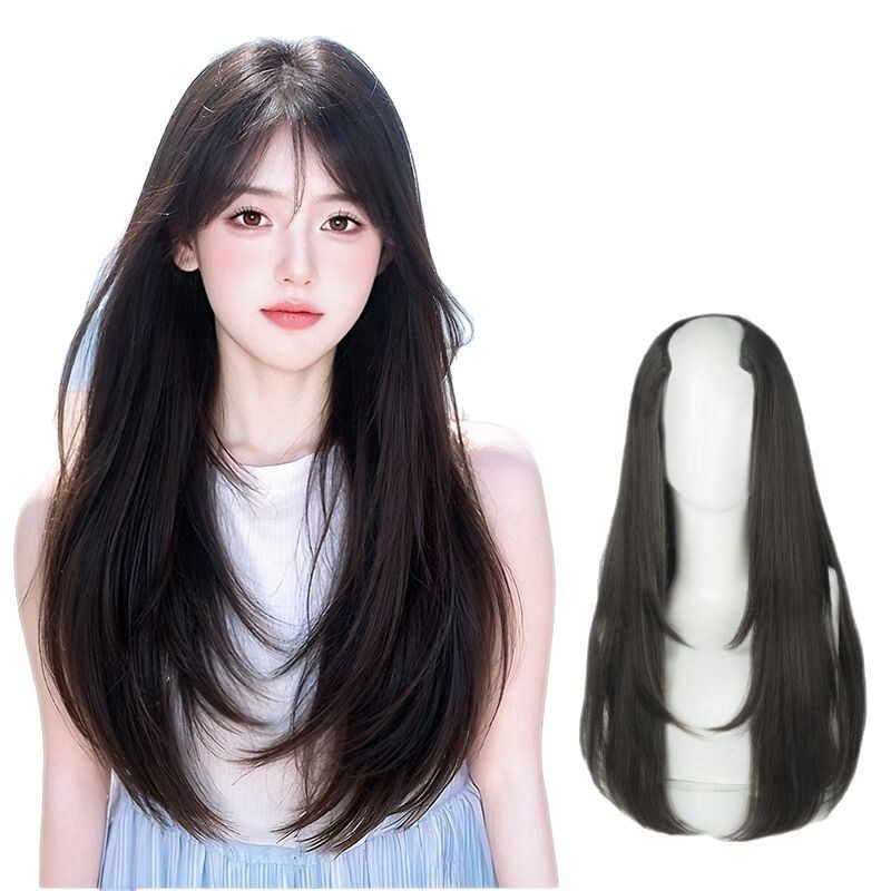 ロングヘアの女性用ウィッグ、ワンピースU字型インナーバックルヘアエクステンション、層状ふわふわ増毛、微カールロングストレートヘアウィッグ|undefined