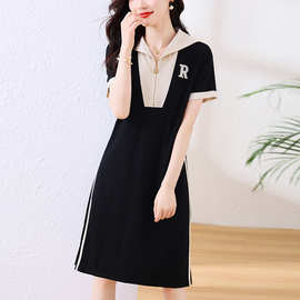 黑色拼接休闲连衣裙女夏装2025新款欧货宽松胖mm减龄显瘦直筒裙子