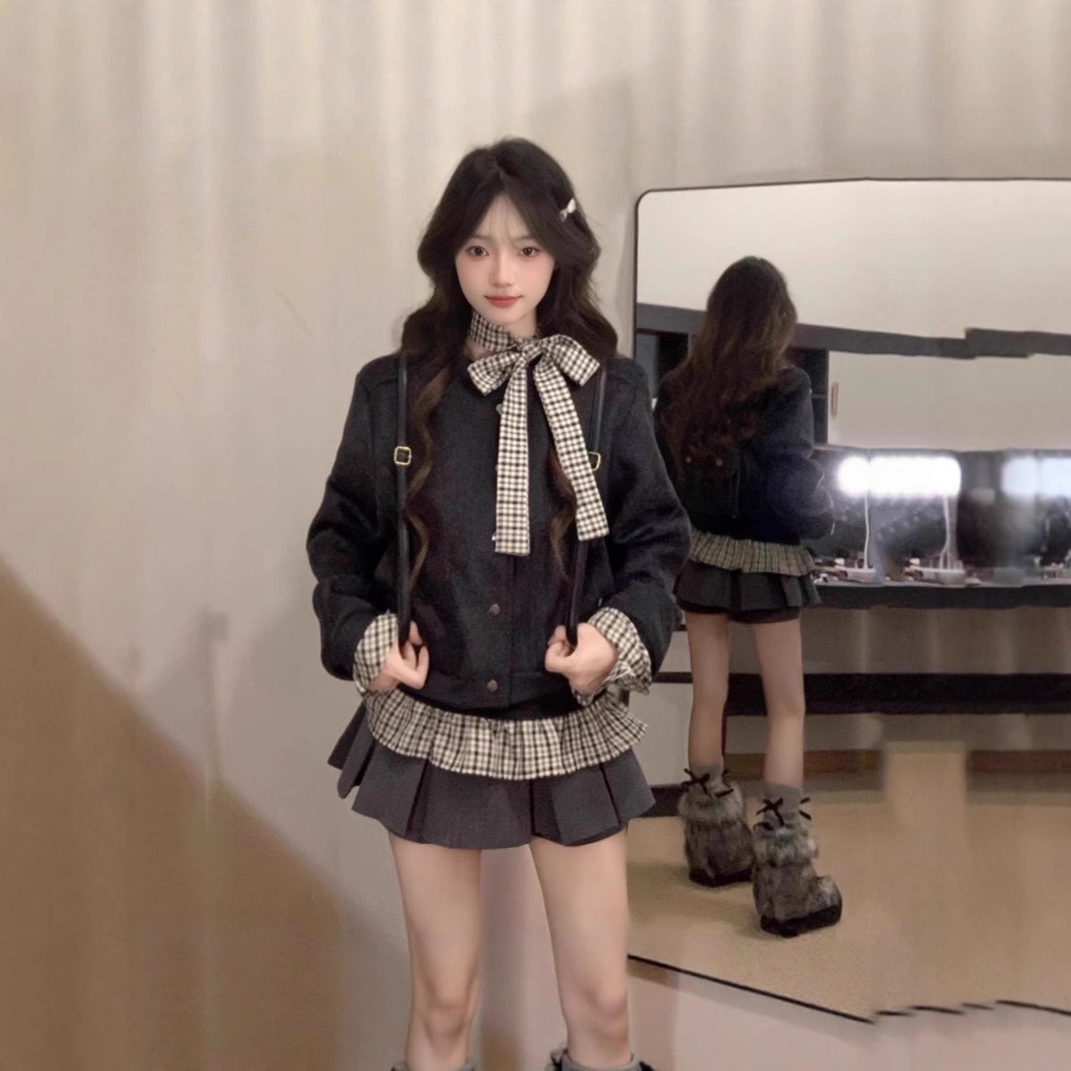 Spring New Preppy Style Long-Sleeved Cardigan Jacket + Fake Two-Piece Plaid Bottoming Top + Pleated Skirt Three-Piece Set for Women