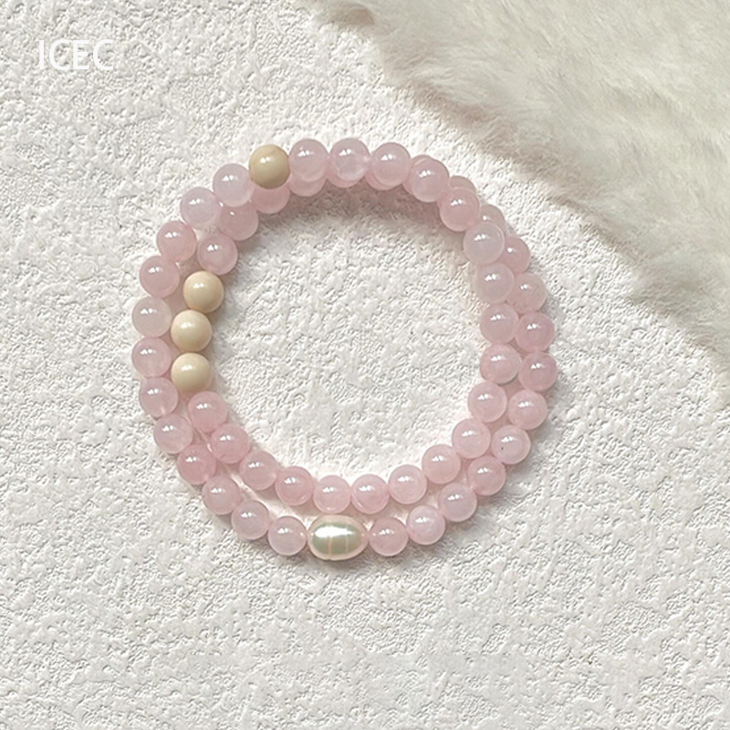Freshwater Pearl Pink Double Circle Beaded Bracelet for Women Simple and High-End Strawberry Crystal Orange Moonlight Bracelet Jewelry Natural