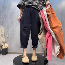 大码胖mm300斤休闲破洞哈伦裤女春秋季薄款裤子阔腿老爹直筒裤潮2