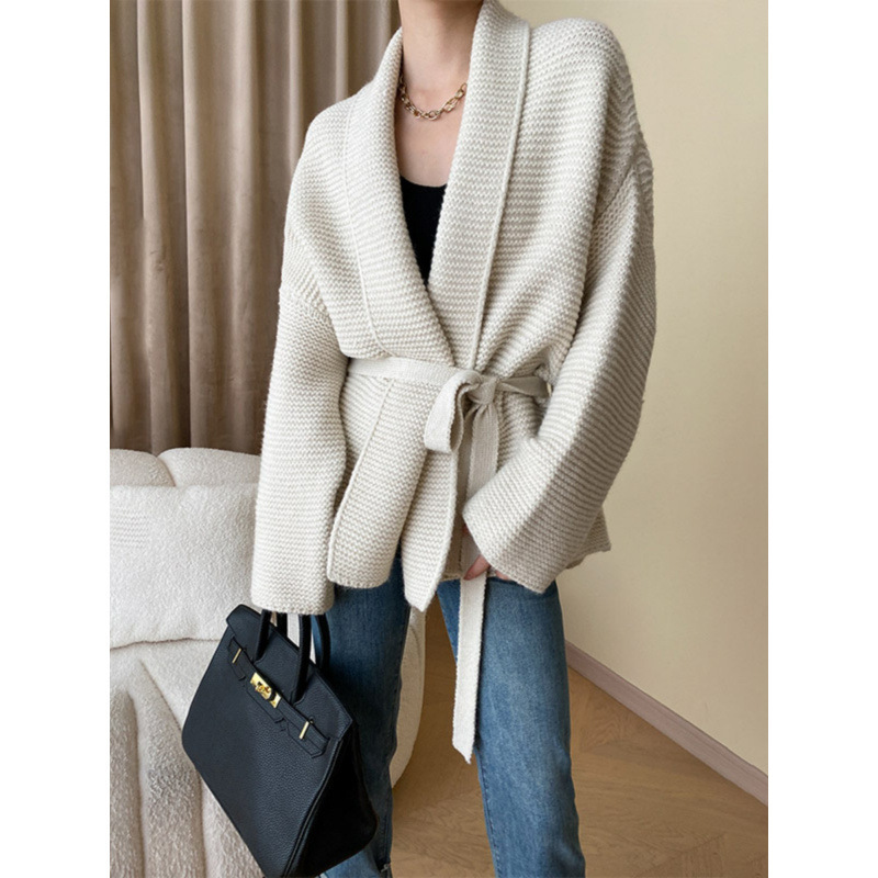 French-style casual V-neck cardigan for women, autumn and winter, with tie waist, bathrobe-style, loose and relaxed sweater coat French-style casual V-neck cardigan for women, autumn and winter, with tie waist, bathrobe-style, loose and relaxed sweater coat