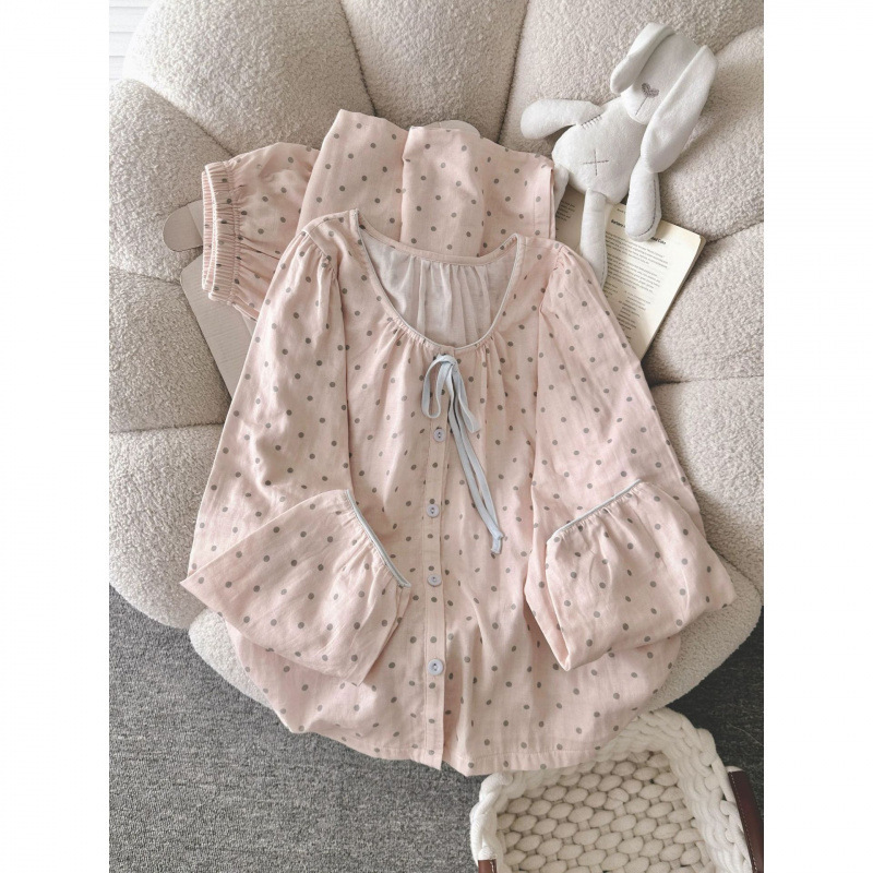 Cloud cotton gauze pajamas for women, spring and autumn, polka dot, lace-up, long-sleeve set, plus size, home wear, sweet and can be worn outside