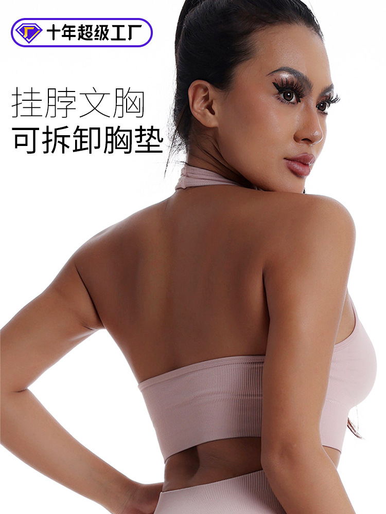 Sin costuras transfronterizas nuevos sujetadores deportivos de cuello desmontables para mujeres cojín de pecho para reunir ropa interior chaleco deportivo de yoga de color sólido