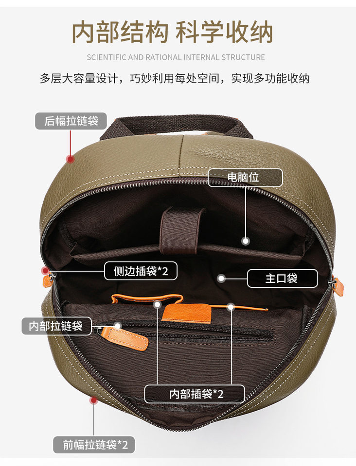 Ba lô da thật Marante đa chức năng thời trang, ba lô laptop công sở nam da bò đi công tác — Màu đen, Xanh ô liu chi tiết 16