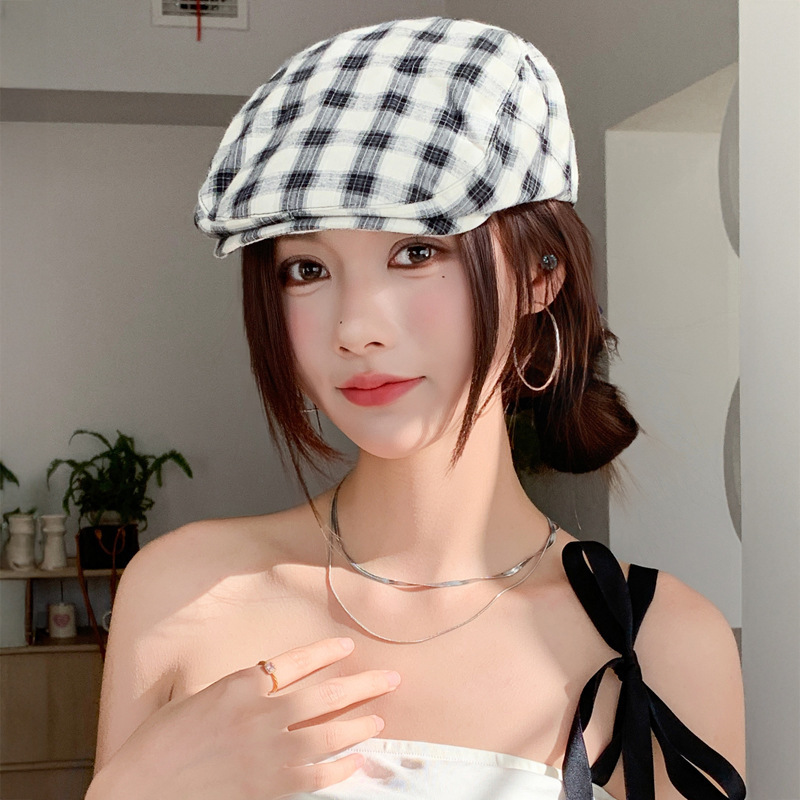 复古前进帽秋冬季新款英伦风格纹鸭舌帽子女休闲百搭正反戴贝雷帽|undefined
