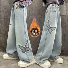 中大女童秋冬一体绒牛仔裤新款长裤直筒韩版时尚百搭洋气窄版阔腿