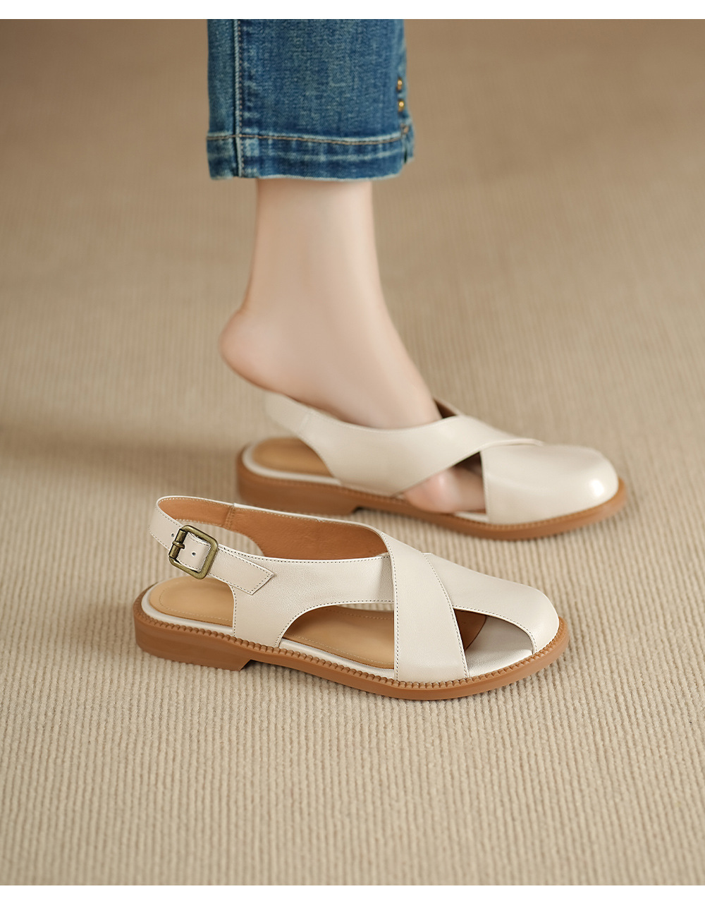 Dép sandal nữ quai chữ V đơn giản da bò mềm đế bệt — màu hồng chi tiết 8