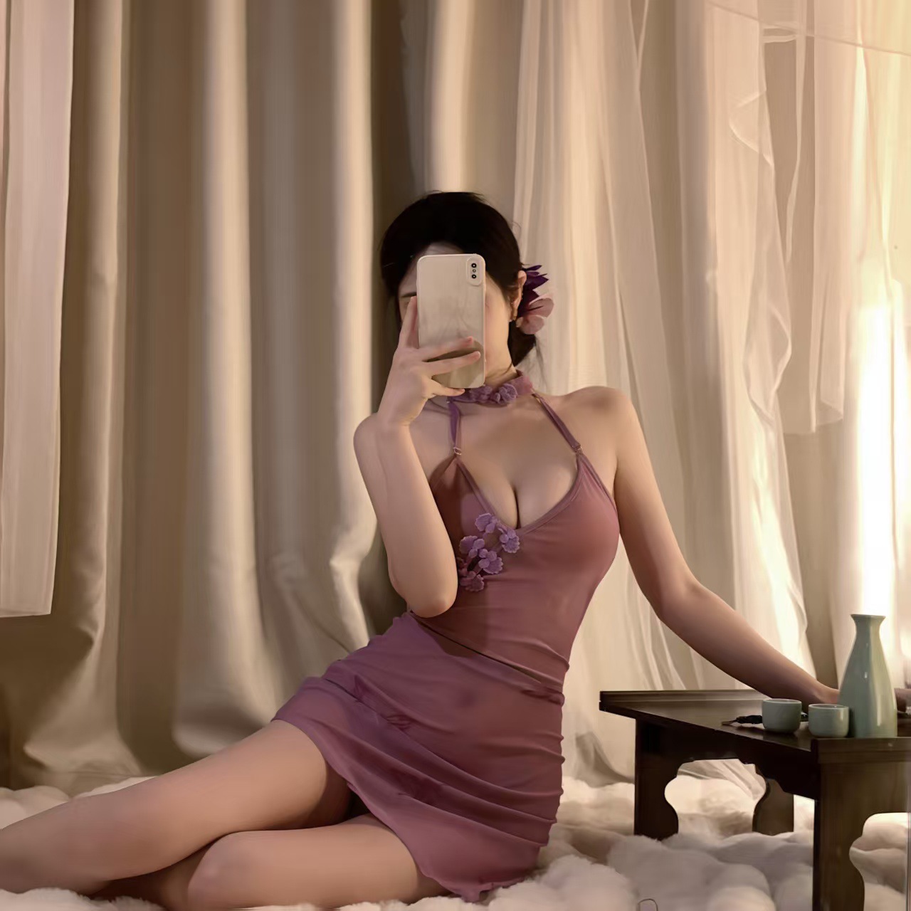 보라색 우아한 치파오 [치파오+티팬츠]