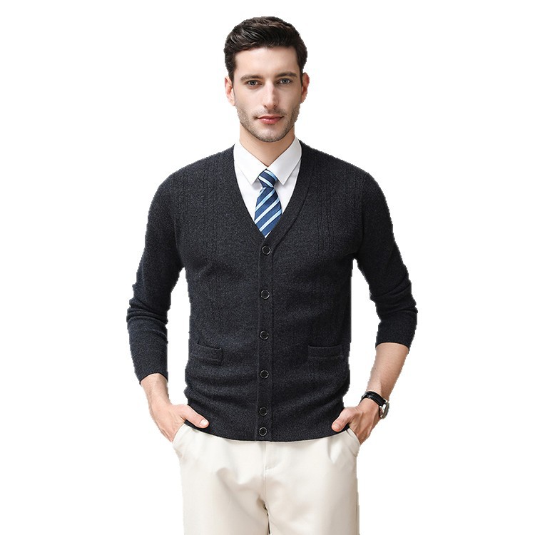 Otoño y invierno hombres de punto Cardigan de mediana edad nuevo negocio Jacquard de manga larga chaqueta casual de punto hombre suéter delgado