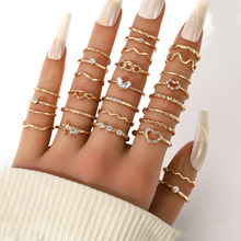 跨境热销简约镶钻爱心不规则戒指28件套金色几何关节女士戒指套装