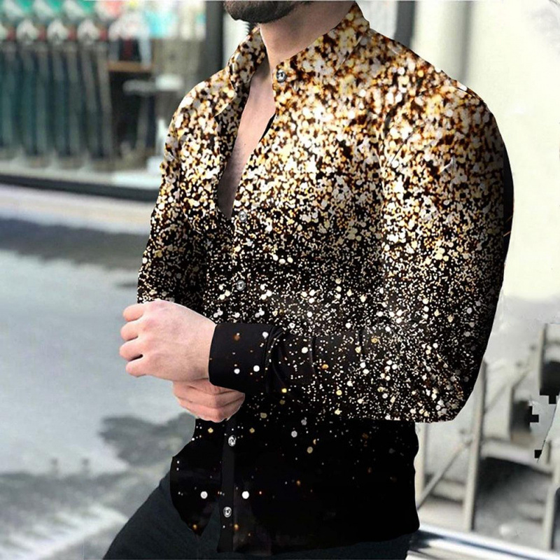 Men's Shirt with Glitter Print, Long-Sleeved Casual Top in Blue, Purple, Pink, Gold, and Red for Outdoor Street Wear
