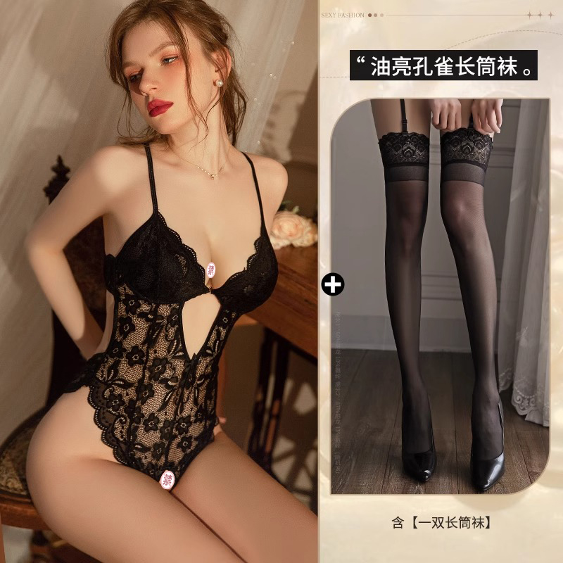 프렌치 레이스 크로치 점프수트 ◆ 블랙 + 광택 피콕 스타킹