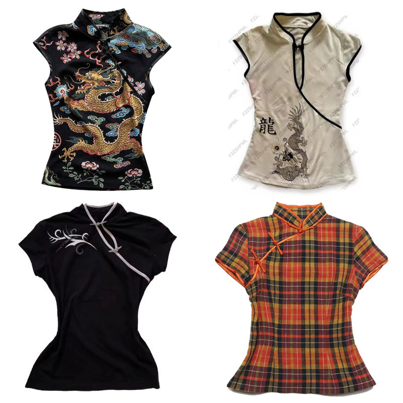 Foreign Trade 2025 New Style New Chinese Embroidery Slim Fit Versatile Casual Comfortable V-Neck Button-Up Summer Women's Top