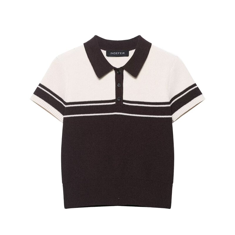 2025 New Autum European and American Style Fashionable Versatile Ribbed Knitted Polo Shirt Collar Short-Sleeved Top 4938/102