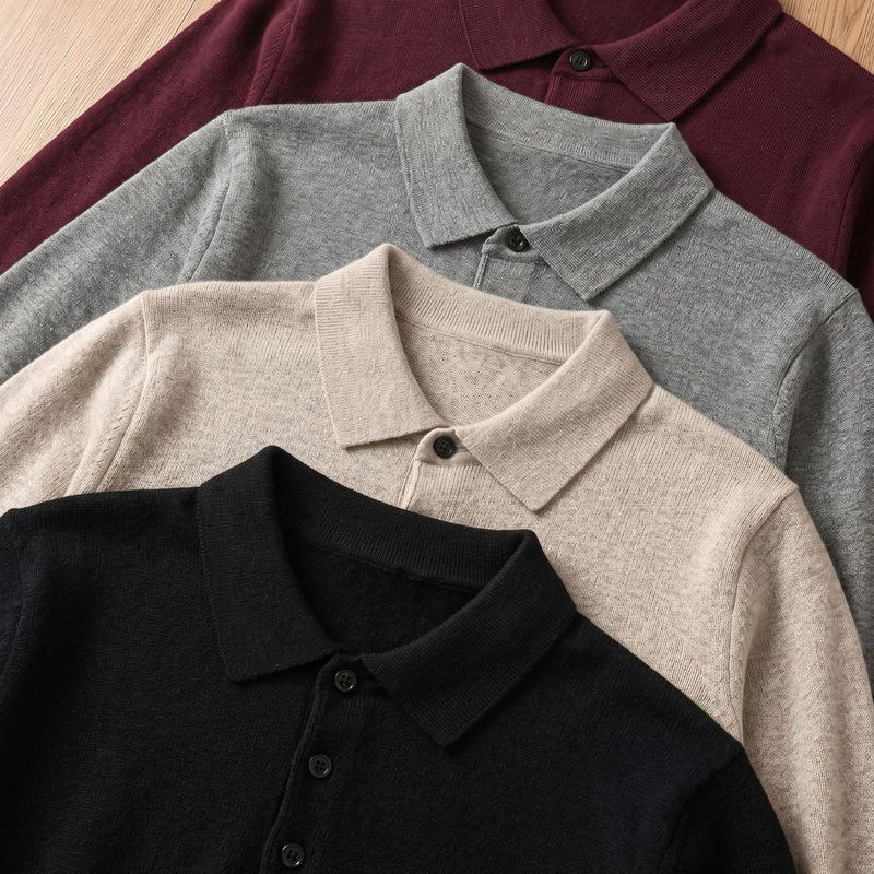 Simple Lapel Three-Button Knit Sweater Men's Commuter Long-Sleeve Slim-Fit Versatile Polo Knit Shirt