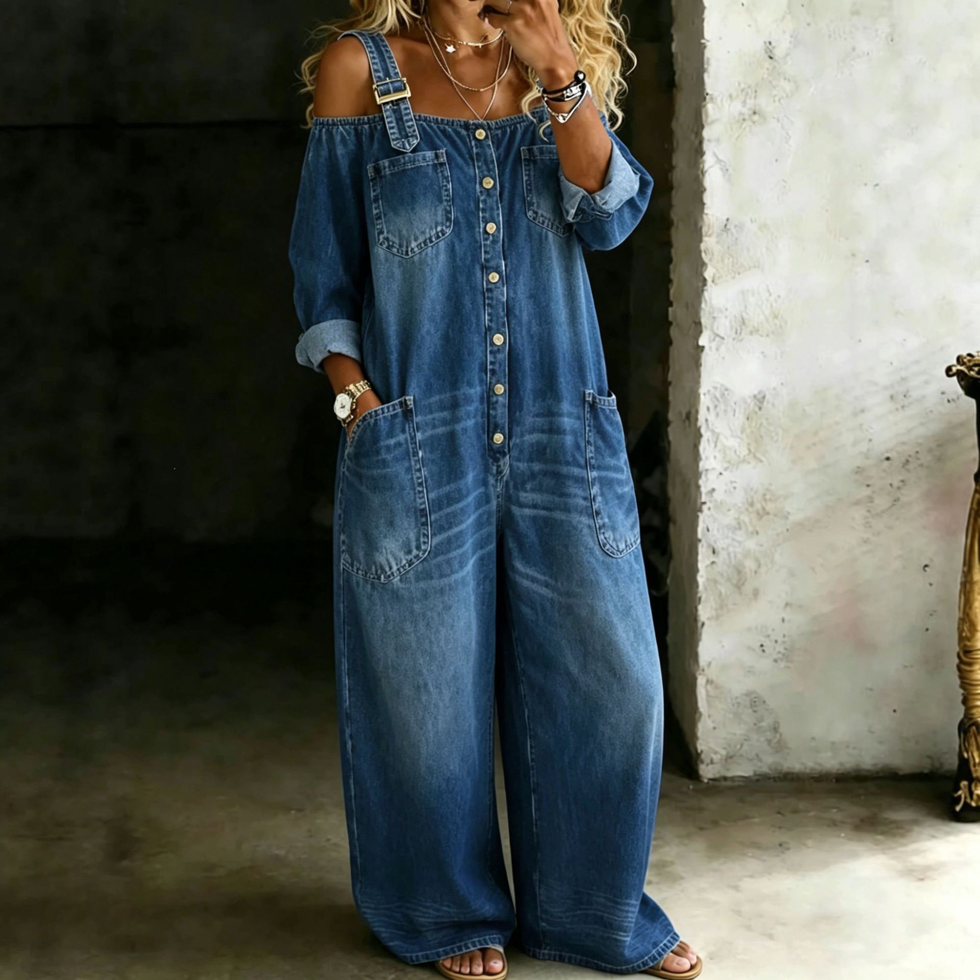 Women's Off-Shoulder Wide Leg Jumpsuit Single Row Button Casual Spring Summer Romper_ecoleips.com