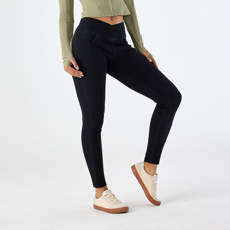 Nuevo cross-border de cintura alta recta jeans de yoga ajustado para mujeres adelgazamiento de cadera elástica de doble bolsillo pantalones de gimnasio