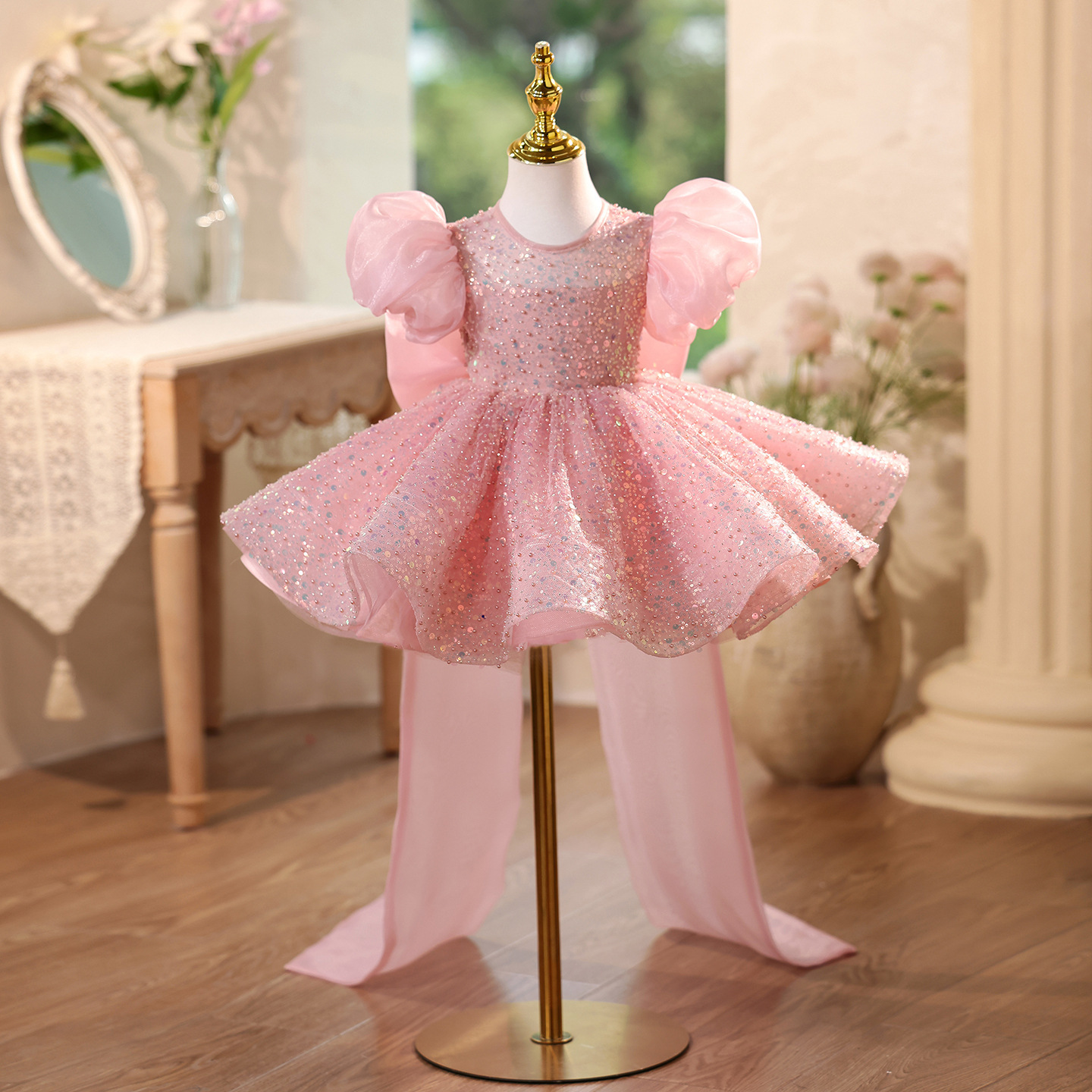 Children's Sequined Formal Dress Puff Sleeve Flower Girl Wedding Princess Dress