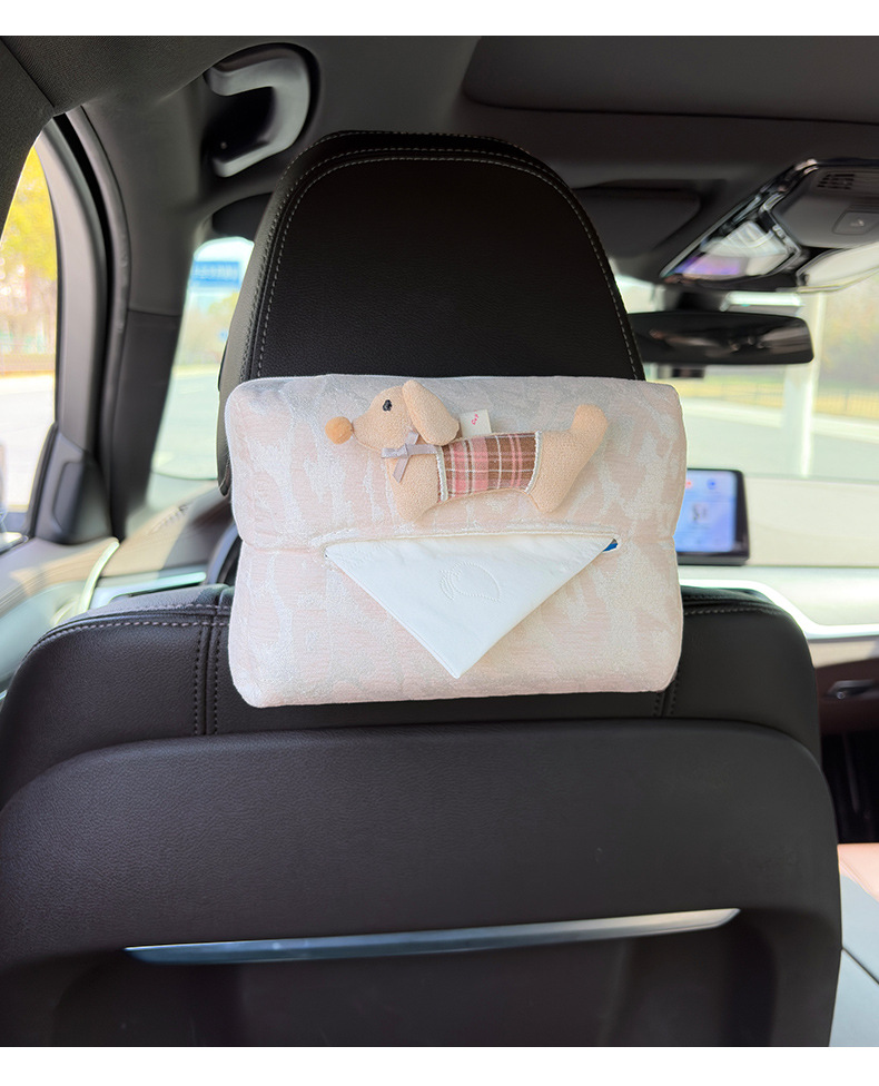 Cartoon Fabric Dachshund Dog Car Tissue Box, Car Seat Back Tissue Holder, High-End Armrest Box Tissue Box for Women
