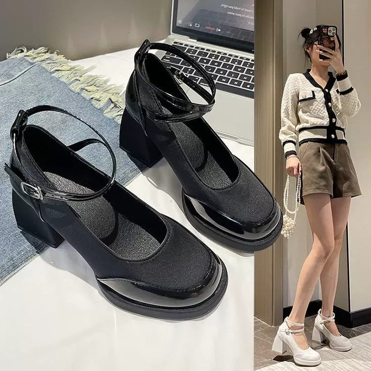 Ретро мягкая кожа светло-рот сшитые туфли на высоком каблуке женские толстые каблуки 2024 весна и осень новые кроссовки Мэри Джейн маленькие кожаные туфли