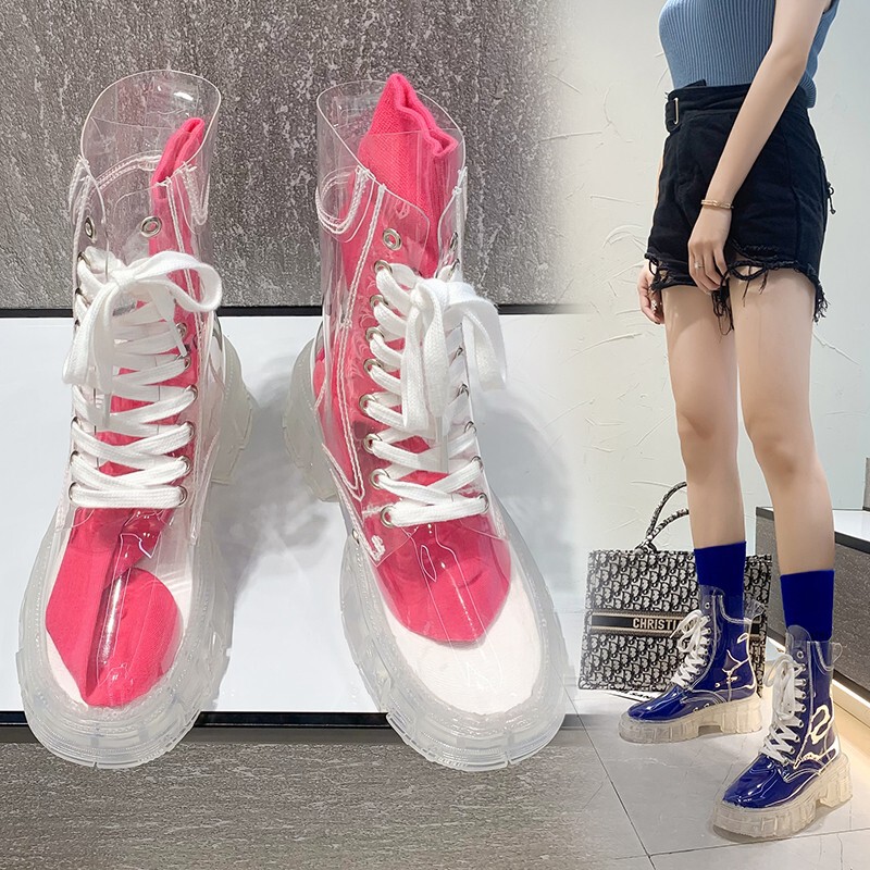 Transparent Boots Women's Autumn 2022 New Round Toe Thick Bottom Front Lace-up Midi Large Size 414243 Collocation Jelly Socks Transparent Boots Women's Autumn 2022 New Round Toe Thick Bottom Front Lace-up Midi Large Size 414243 Collocation Jelly Socks