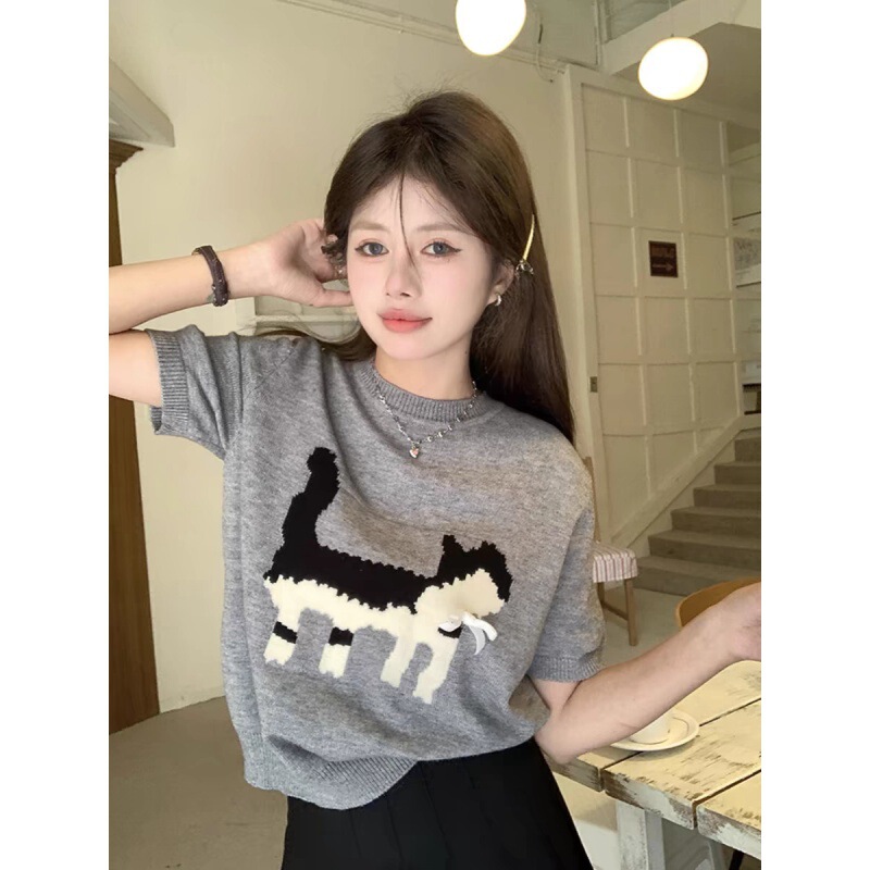 Spring and Summer New Gray Jacquard T-Shirt for Women with Loose Design, Round Neck Elastic Knitwear with Short-Sleeved Top Ins