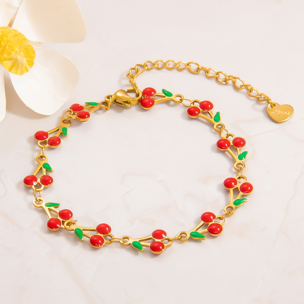 18K Gold Plating Color 1 Piece Quantity PVD Coated Real Gold Plated 18K Gold Cherry 304 Stainless Steel Sweet Waterproof Non Tarnish 304 Stainless Steel Lobster Trigger Clasp Closure Bracelets