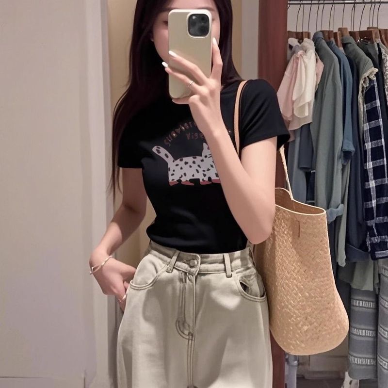 2025新款泰式多巴胺橘色印花正肩短袖T恤女夏季穿搭圆领体恤上衣|undefined
