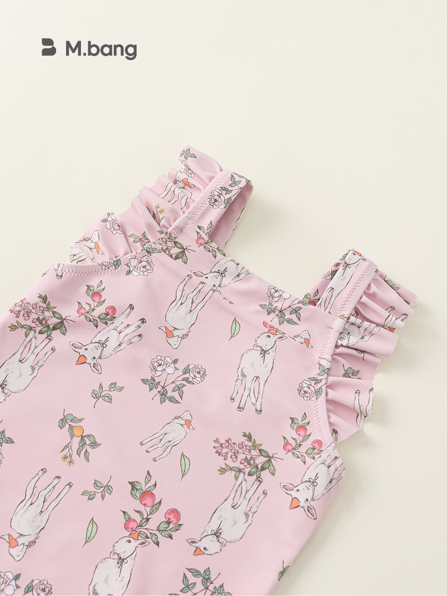 Youbao ropa para niños verano nuevo traje de baño de una pieza para niñas pequeño traje de baño de manga voladora con tirantes gorro de baño estampado traje de baño de vacaciones