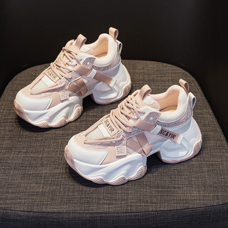 Giày sneaker nữ chunky đế dày tăng chiều cao 8cm buộc dây thời trang — M2566 màu be, M2566 màu hồng