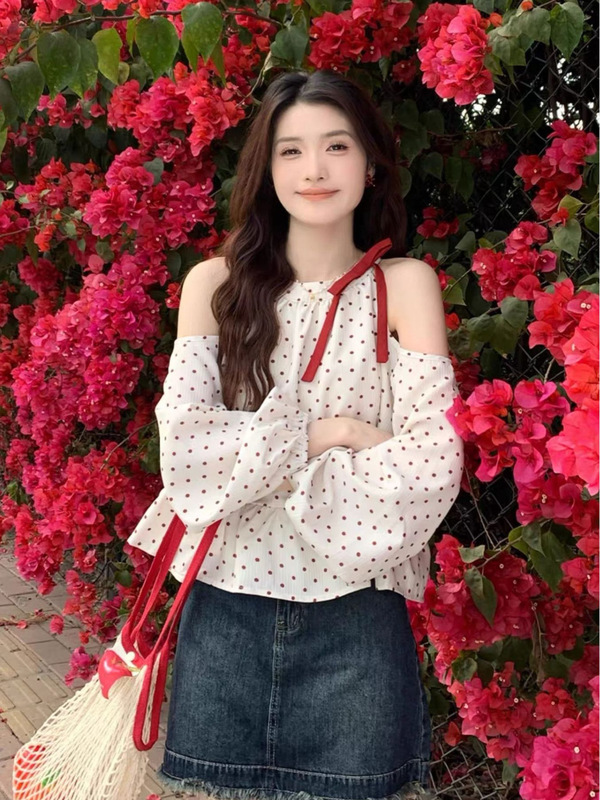 甜美风蝴蝶结波点露肩长袖衬衫女春季少女感显瘦松弛感宽松上衣潮|undefined