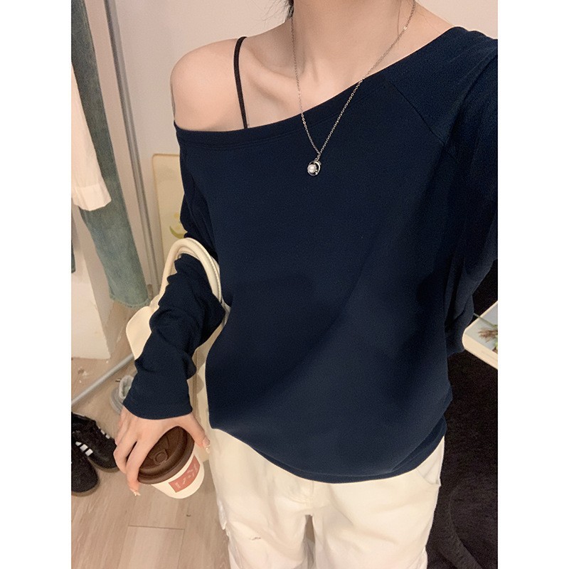 Irina 2026 Early Autumn Off-Shoulder Long-Sleeve T-Shirt for Women, Loose One-Shoulder Relaxed Style, Trendy High-End Elegant Top