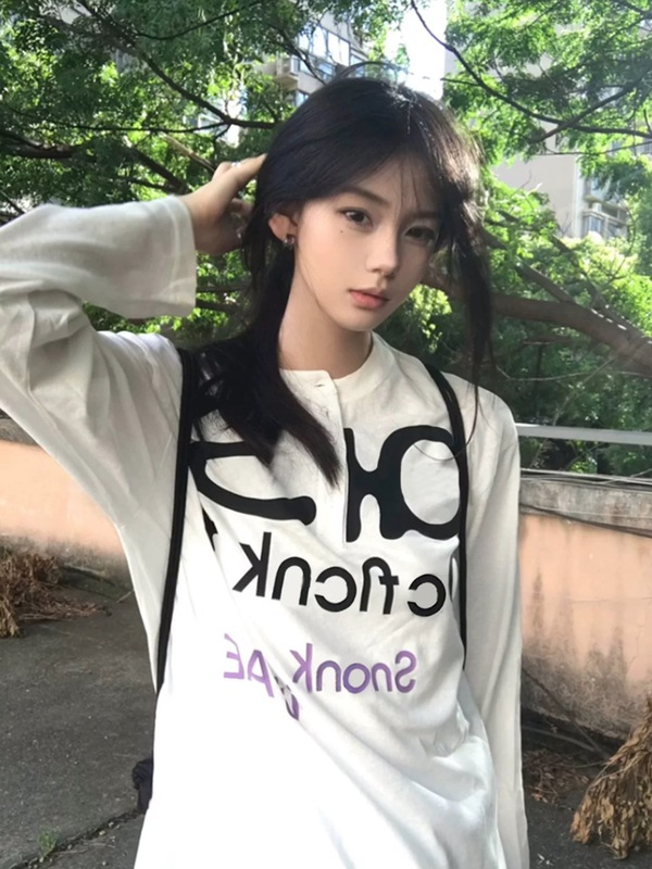 美式复古亨利领白色长袖t恤女早秋225新款宽松慵懒风防晒罩衫上衣|undefined