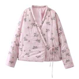 2024秋wish亚马逊eBay粉色V领印花喇叭袖棉服棉衣