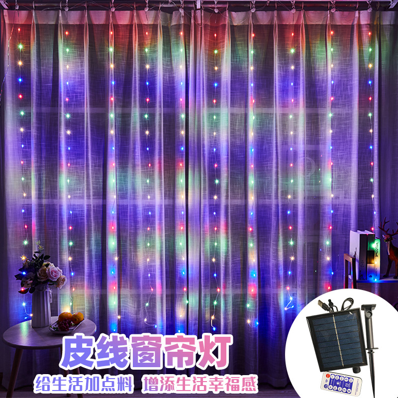 Lámpara de cortina de alambre de cuero LED, habitación de casa, diseño de ambiente de dormitorio, control remoto USB 8 funciones, 3*3 luces de cortina al por mayor
