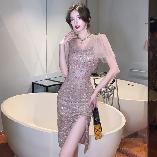 9235 European and American Southeast Asia Foreign Trade Wholesale 2025 Women's Fashion French-style Elegant Flared-sleeve Sequin Split Dress Trendy